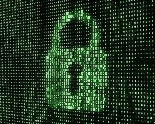 Stock image of digital numbers forming a green lock on a dark background