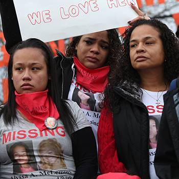 Women demonstrate at a march in LA for Missing and Murdered Indigenous Women