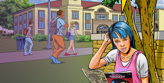 TCU student in comic book style
