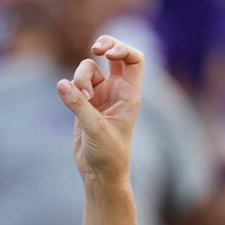 A close up of a young woman's hand making two-fingered "Go Frogs" hand sign.