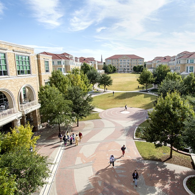 A panoramic view of the TCU Campus Commons as seen from the University Union balcony