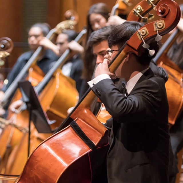 Cellist performing with orchestra