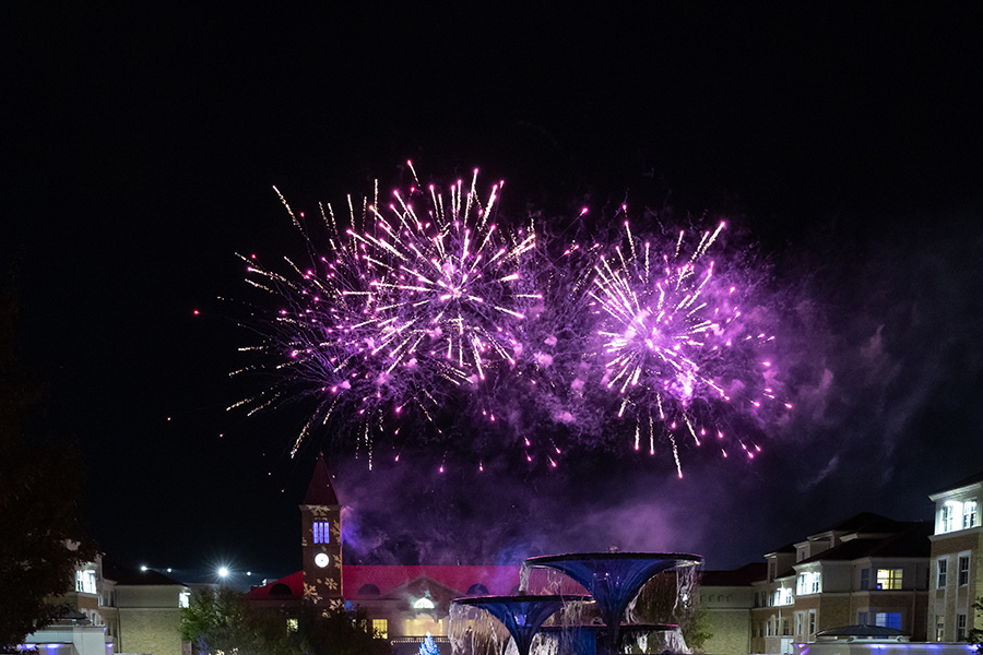 fireworks over TCU Campus Commons