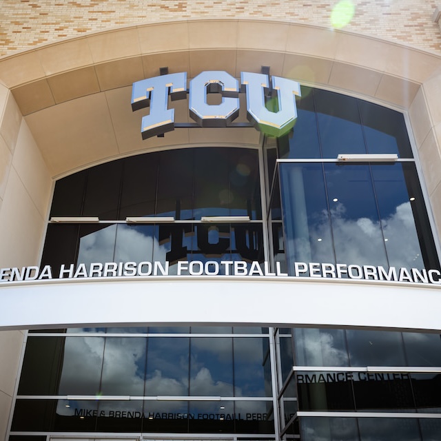 Exterior sign of TCU's Mike & Brenda Harrison Football Performance Center