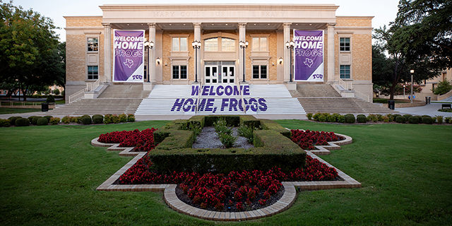 TCU Library with Welcome Home signage