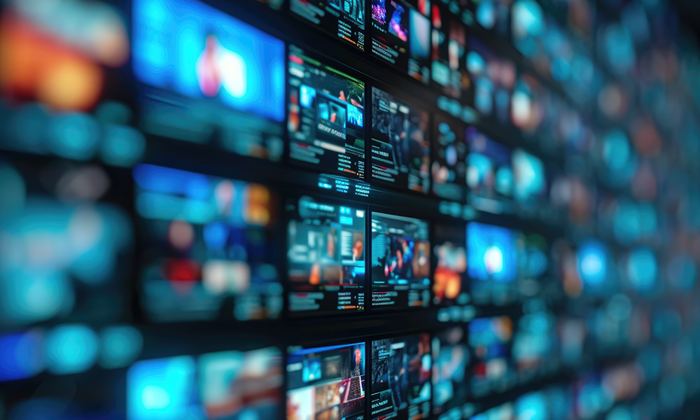 control room with many television displays