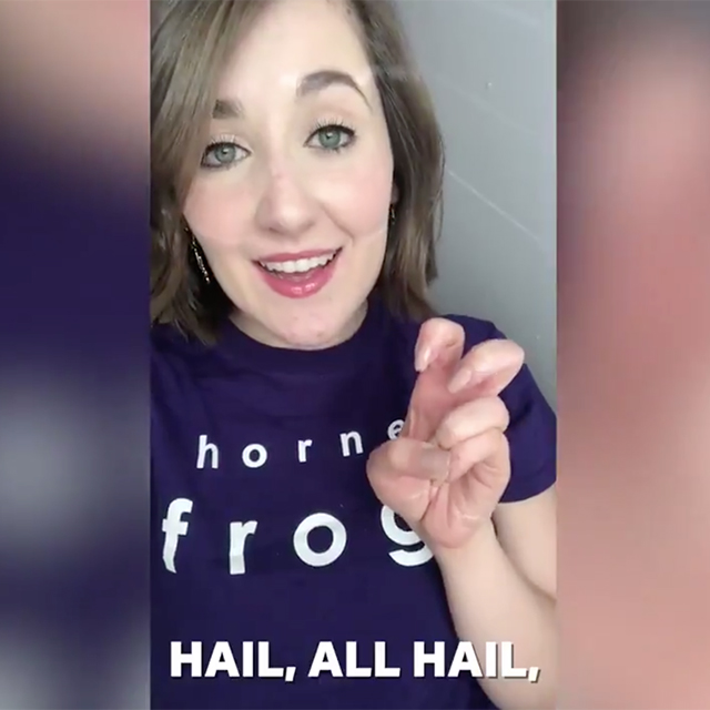 A student sings the TCU alma mater for the #TCUtogether social media project