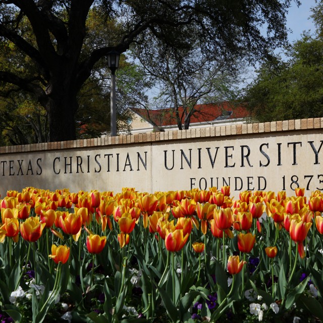 Photo of TCU sign with spring tulips