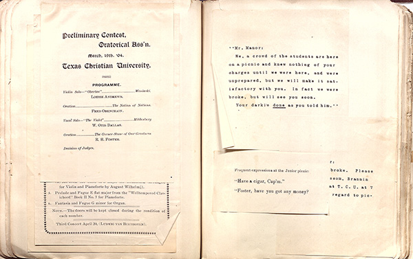 Scrapbook page showing TCU Oratorical Association programme