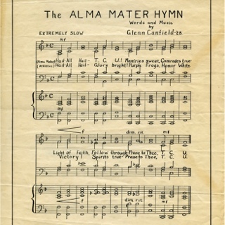 The yellowed manuscript of handwritten sheet music of the TCU Alma Mater Hymn, attributed to Glenn Canfield, 1928.